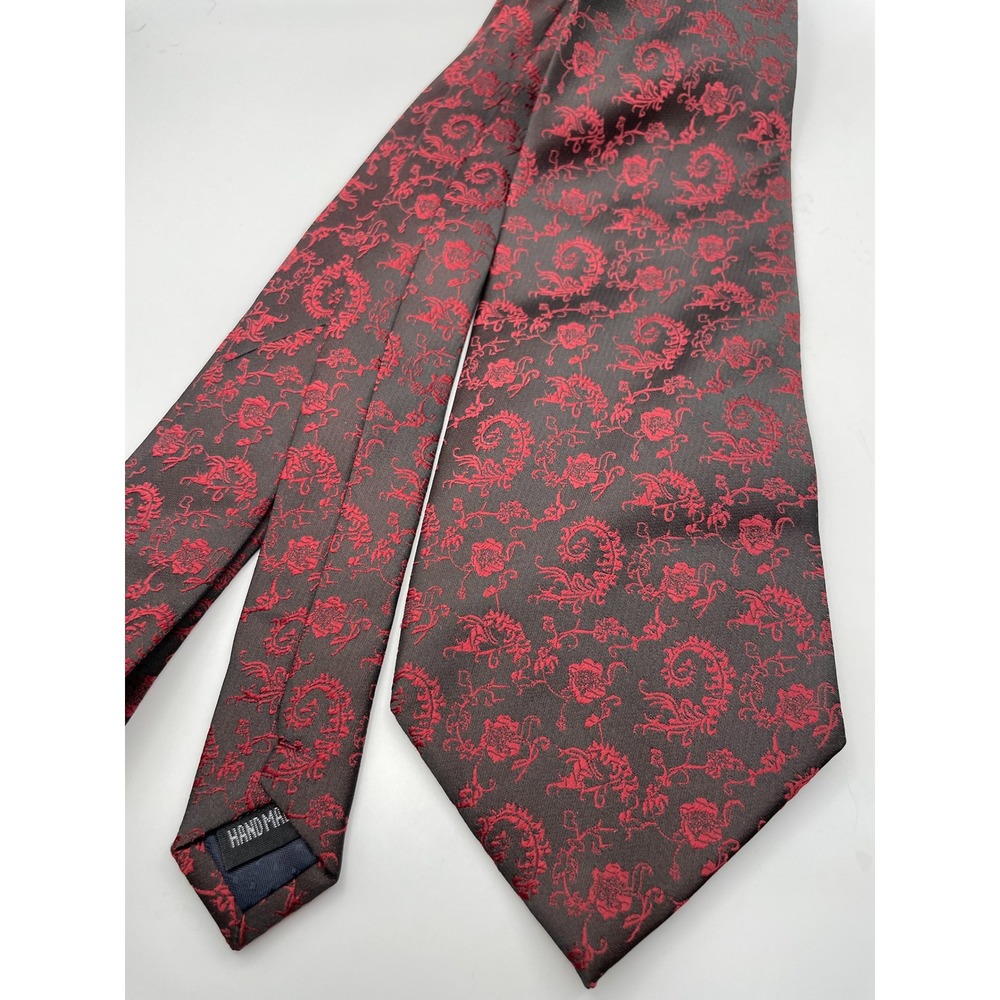 Paolo Davide Mens Red Black Floral Damask Woven Silk Handmade Necktie 3.75 Inch